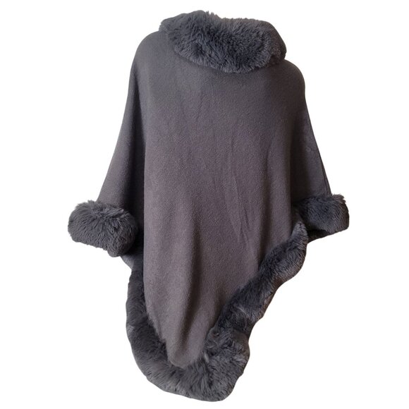 This & That Gray Faux Fur Trim Poncho Cape One Size - Picture 7 of 15